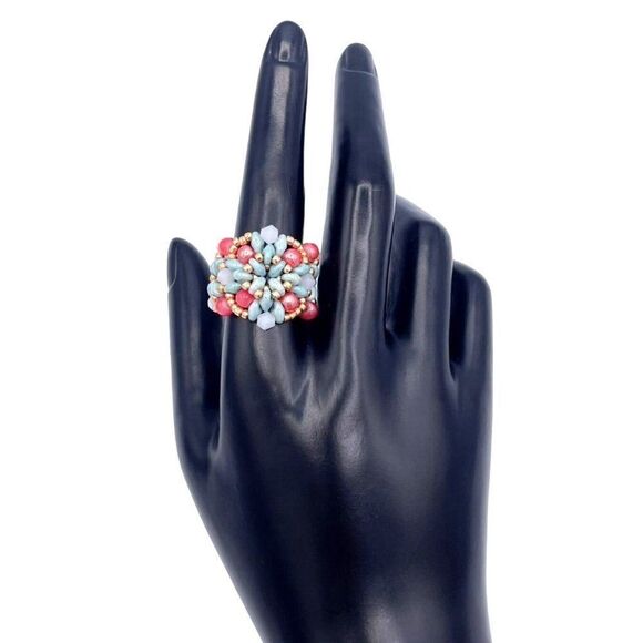Sky Blue with Pink and White Opal Pearl Crystal Beaded Statement Ring Size 10 - Picture 7 of 8
